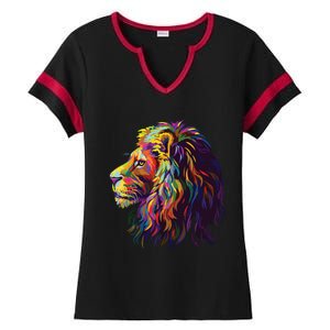 Colorful Lion Head Design Pop Art Style Ladies Halftime Notch Neck Tee