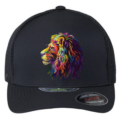 Colorful Lion Head Design Pop Art Style Flexfit Unipanel Trucker Cap