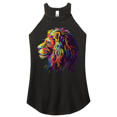 Colorful Lion Head Design Pop Art Style Women's Perfect Tri Rocker Tank