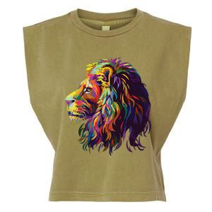 Colorful Lion Head Design Pop Art Style Garment-Dyed Women's Muscle Tee