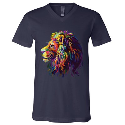 Colorful Lion Head Design Pop Art Style V-Neck T-Shirt