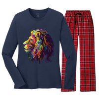 Colorful Lion Head Design Pop Art Style Women's Long Sleeve Flannel Pajama Set 