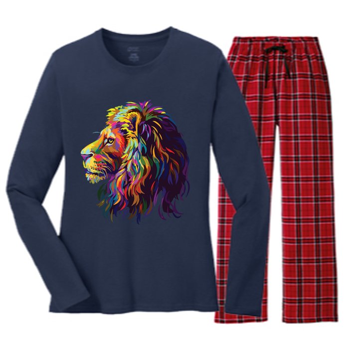 Colorful Lion Head Design Pop Art Style Women's Long Sleeve Flannel Pajama Set 