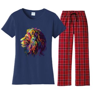 Colorful Lion Head Design Pop Art Style Women's Flannel Pajama Set