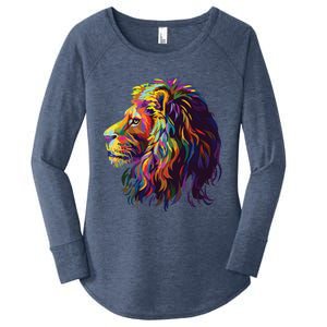 Colorful Lion Head Design Pop Art Style Women's Perfect Tri Tunic Long Sleeve Shirt