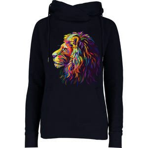 Colorful Lion Head Design Pop Art Style Womens Funnel Neck Pullover Hood