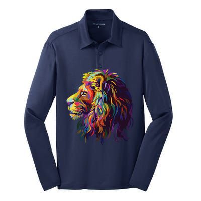 Colorful Lion Head Design Pop Art Style Silk Touch Performance Long Sleeve Polo