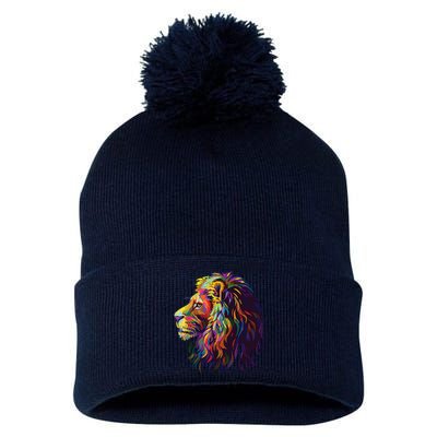 Colorful Lion Head Design Pop Art Style Pom Pom 12in Knit Beanie