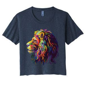 Colorful Lion Head Design Pop Art Style Women's Crop Top Tee