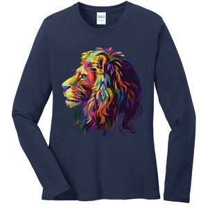 Colorful Lion Head Design Pop Art Style Ladies Long Sleeve Shirt