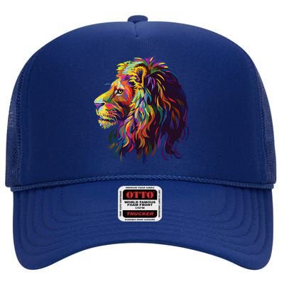 Colorful Lion Head Design Pop Art Style High Crown Mesh Back Trucker Hat