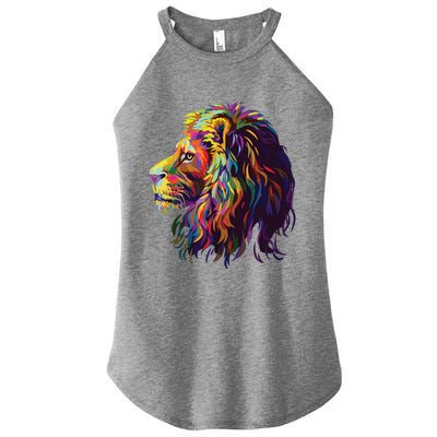 Colorful Lion Head Design Pop Art Style Women’s Perfect Tri Rocker Tank