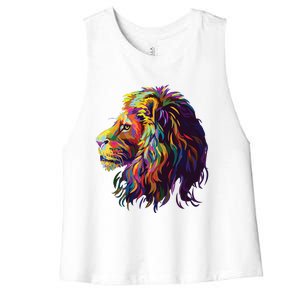 Colorful Lion Head Design Pop Art Style Women's Racerback Cropped Tank