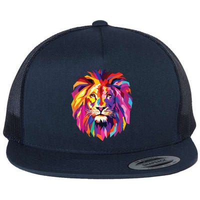 Cool Lion Head Design With Bright Colorful Flat Bill Trucker Hat