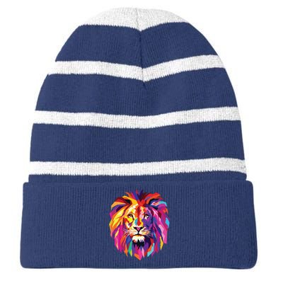 Cool Lion Head Design With Bright Colorful Striped Beanie with Solid Band