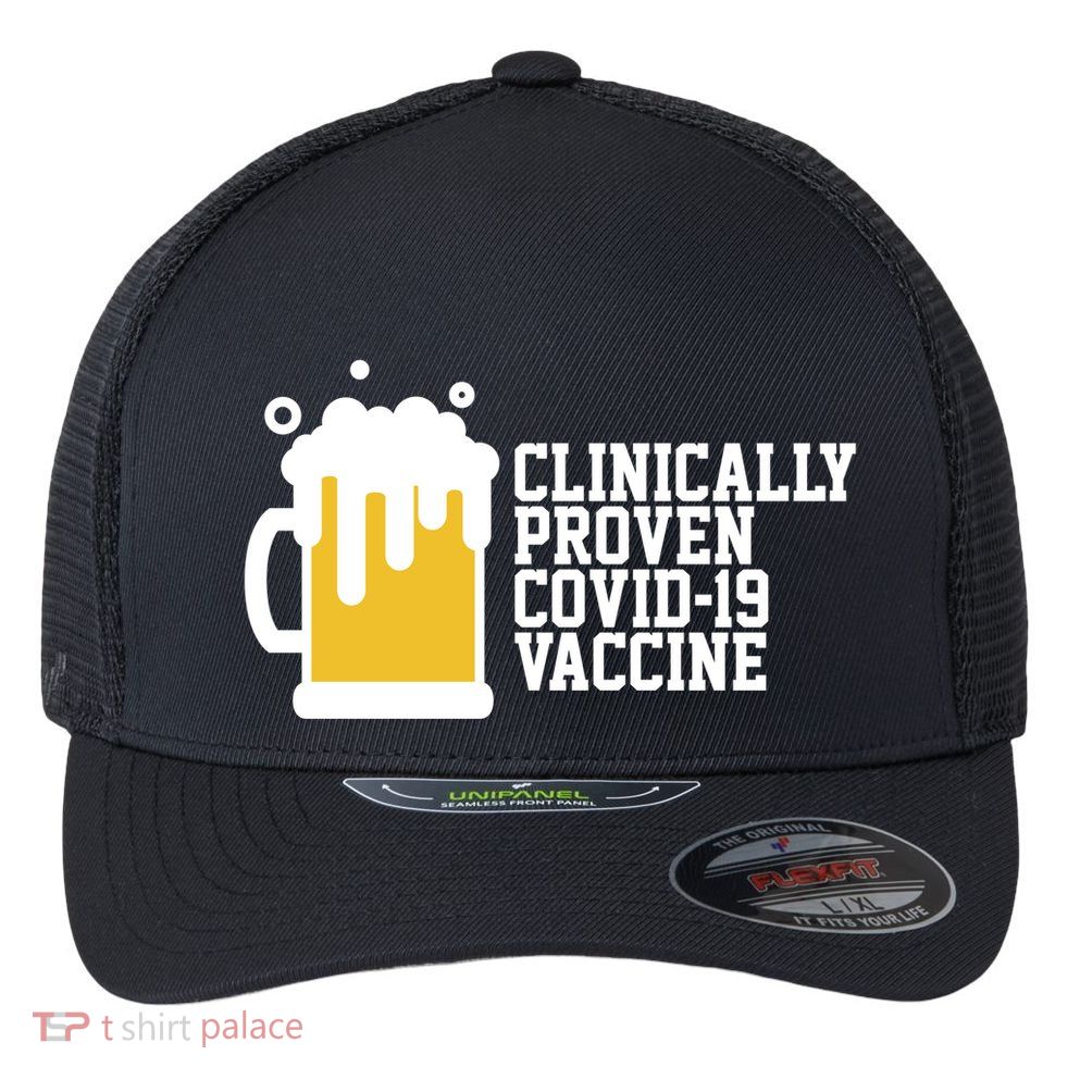 Clinically Proven covid-19 Vaccine Funny Flexfit Unipanel Trucker Cap