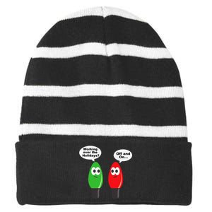 Christmas Lights Joke Light Bulb Working Off On Pun Striped Beanie with Solid Band