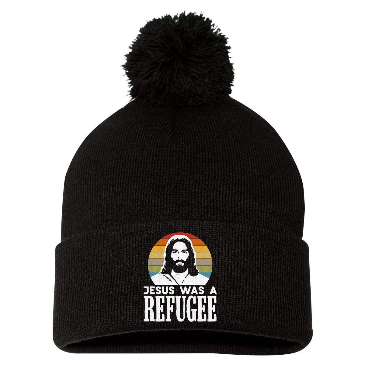 Christian Liberal Jesus Was A Refugee Pom Pom 12in Knit Beanie