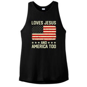 Christian Loves Jesus And America Too USA Patriotic Ladies PosiCharge Tri-Blend Wicking Tank