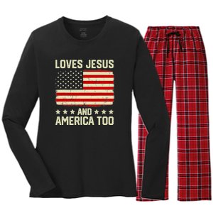 Christian Loves Jesus And America Too USA Patriotic Women's Long Sleeve Flannel Pajama Set 