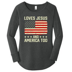 Christian Loves Jesus And America Too USA Patriotic Women's Perfect Tri Tunic Long Sleeve Shirt