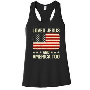 Christian Loves Jesus And America Too USA Patriotic Women's Racerback Tank