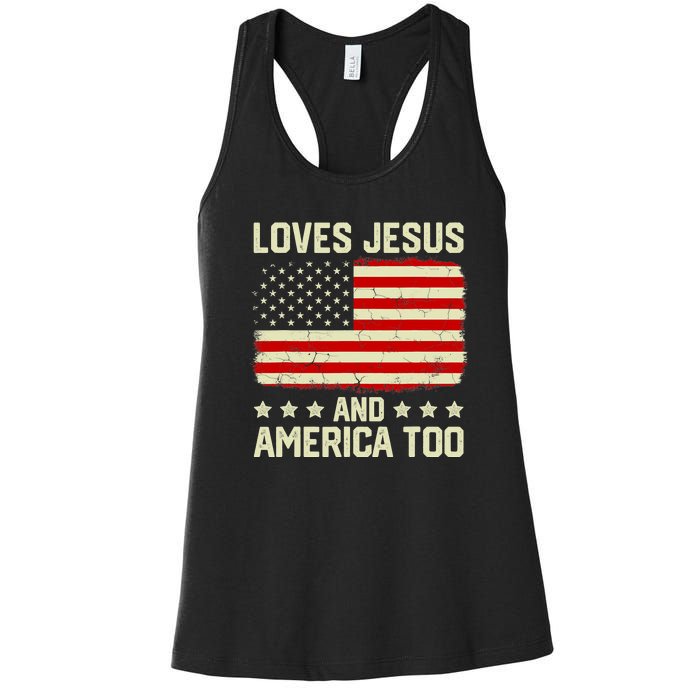 Christian Loves Jesus And America Too USA Patriotic Women's Racerback Tank