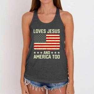 Christian Loves Jesus And America Too USA Patriotic Women's Knotted Racerback Tank