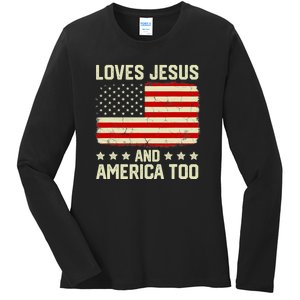 Christian Loves Jesus And America Too USA Patriotic Ladies Long Sleeve Shirt