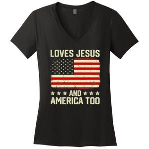 Christian Loves Jesus And America Too USA Patriotic Women's V-Neck T-Shirt