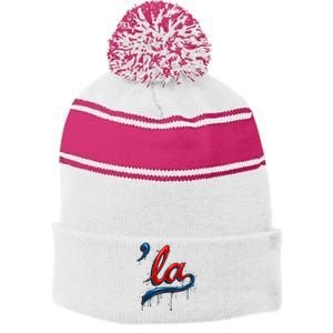 Comma La Kamala Harris 2024 Madam President Vote Kamala Stripe Pom Pom Beanie