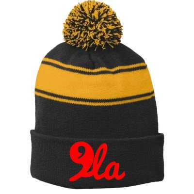 Comma + La Kamala Harris For President 2024 Stripe Pom Pom Beanie