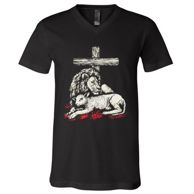 Christianity Lion Lamb Christian Cross V-Neck T-Shirt