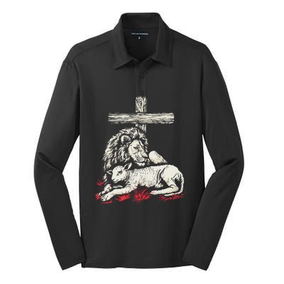 Christianity Lion Lamb Christian Cross Silk Touch Performance Long Sleeve Polo