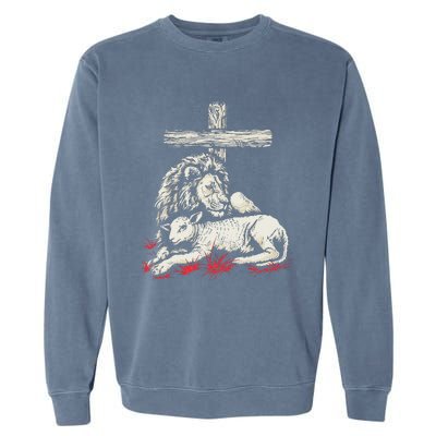 Christianity Lion Lamb Christian Cross Garment-Dyed Sweatshirt