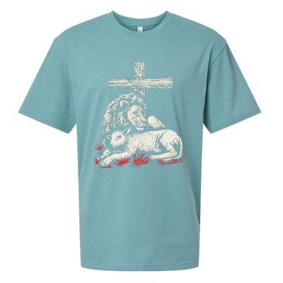 Christianity Lion Lamb Christian Cross Sueded Cloud Jersey T-Shirt