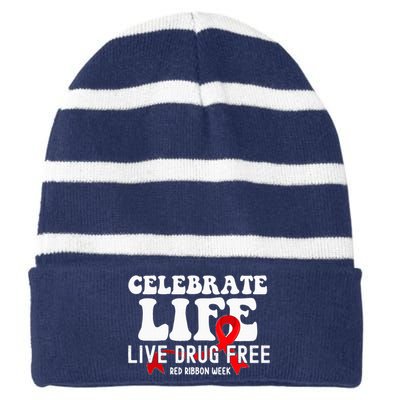 Celebrate Life Live Drug Free Red Ribbon Week Striped Beanie with Solid Band