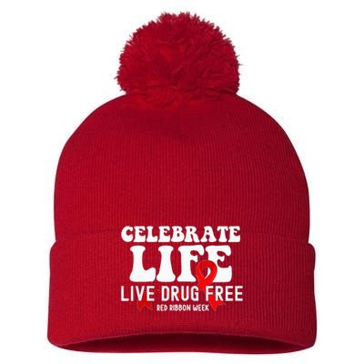 Celebrate Life Live Drug Free Red Ribbon Week Pom Pom 12in Knit Beanie