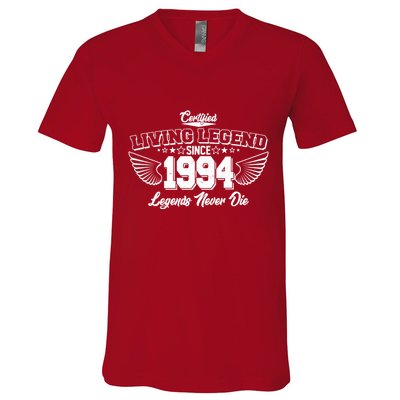 Certified Living Legend Since 1994 Legends Never Die 30th Birthday Wings V-Neck T-Shirt