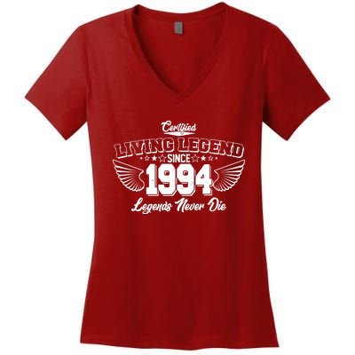 Certified Living Legend Since 1994 Legends Never Die 30th Birthday Wings Women's V-Neck T-Shirt