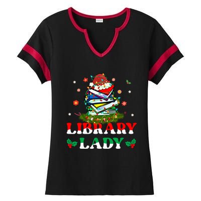 Christmas Library Lady Librarian Xmas Lights Books Gift Ladies Halftime Notch Neck Tee