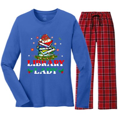 Christmas Library Lady Librarian Xmas Lights Books Gift Women's Long Sleeve Flannel Pajama Set 