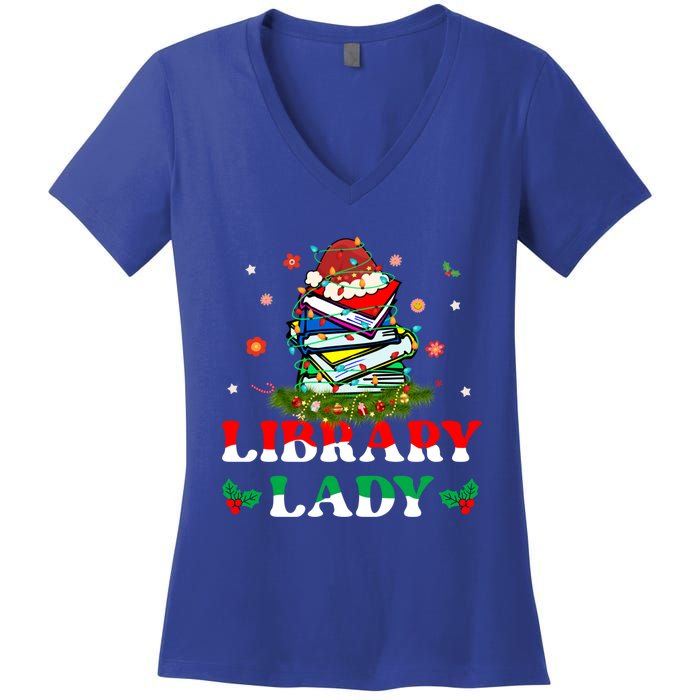 Christmas Library Lady Librarian Xmas Lights Books Gift Women's V-Neck T-Shirt