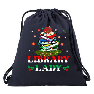 Christmas Library Lady Librarian Xmas Lights Books Gift Drawstring Bag