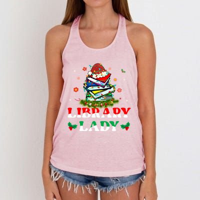 Christmas Library Lady Librarian Xmas Lights Books Gift Women's Knotted Racerback Tank