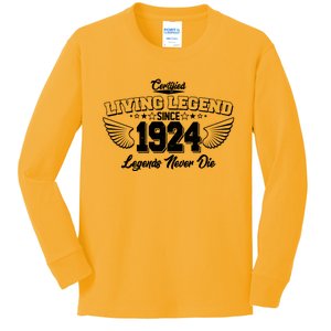 Certified Living Legend Since 1924 Legends Never Die 100th Birthday Wings Kids Long Sleeve Shirt