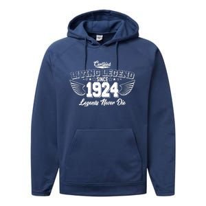 Certified Living Legend Since 1924 Legends Never Die 100th Birthday Wings Performance Fleece Hoodie