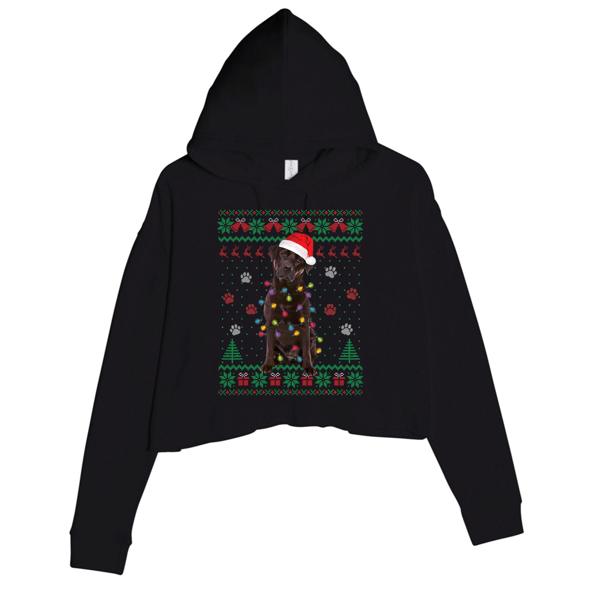 Chocolate Lab Labrador Christmas Lights Dog Ugly Sweater Crop Fleece Hoodie