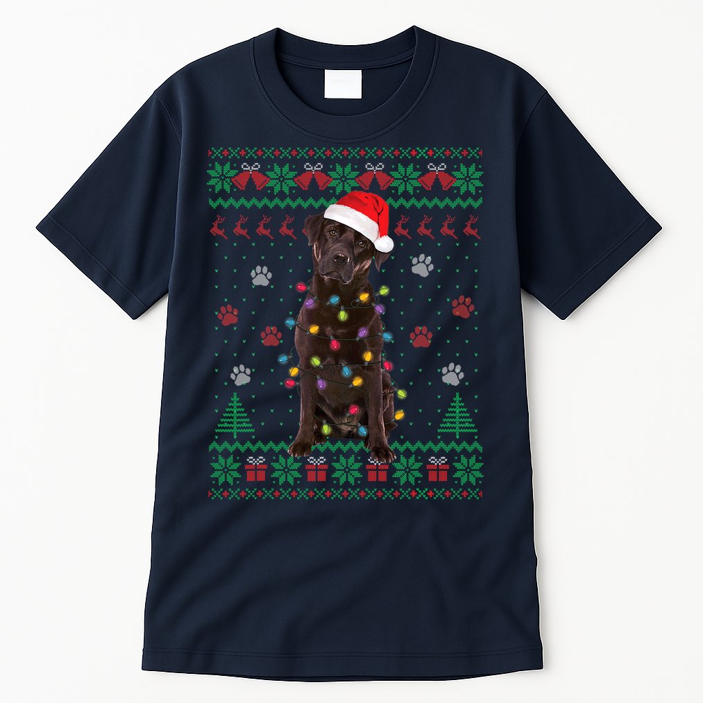 Chocolate Lab Labrador Christmas Lights Dog Ugly Sweater Tall T-Shirt