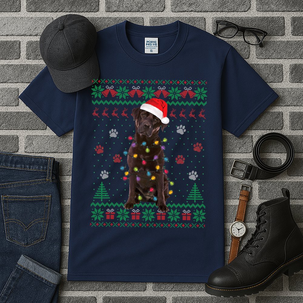 Chocolate Lab Labrador Christmas Lights Dog Ugly Sweater Tall T-Shirt
